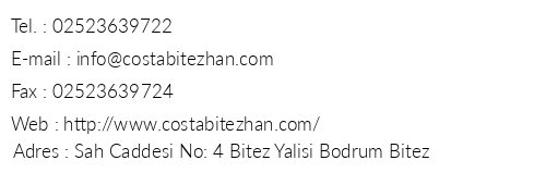 Costa Bitezhan Hotel telefon numaraları, faks, e-mail, posta adresi ve iletişim bilgileri